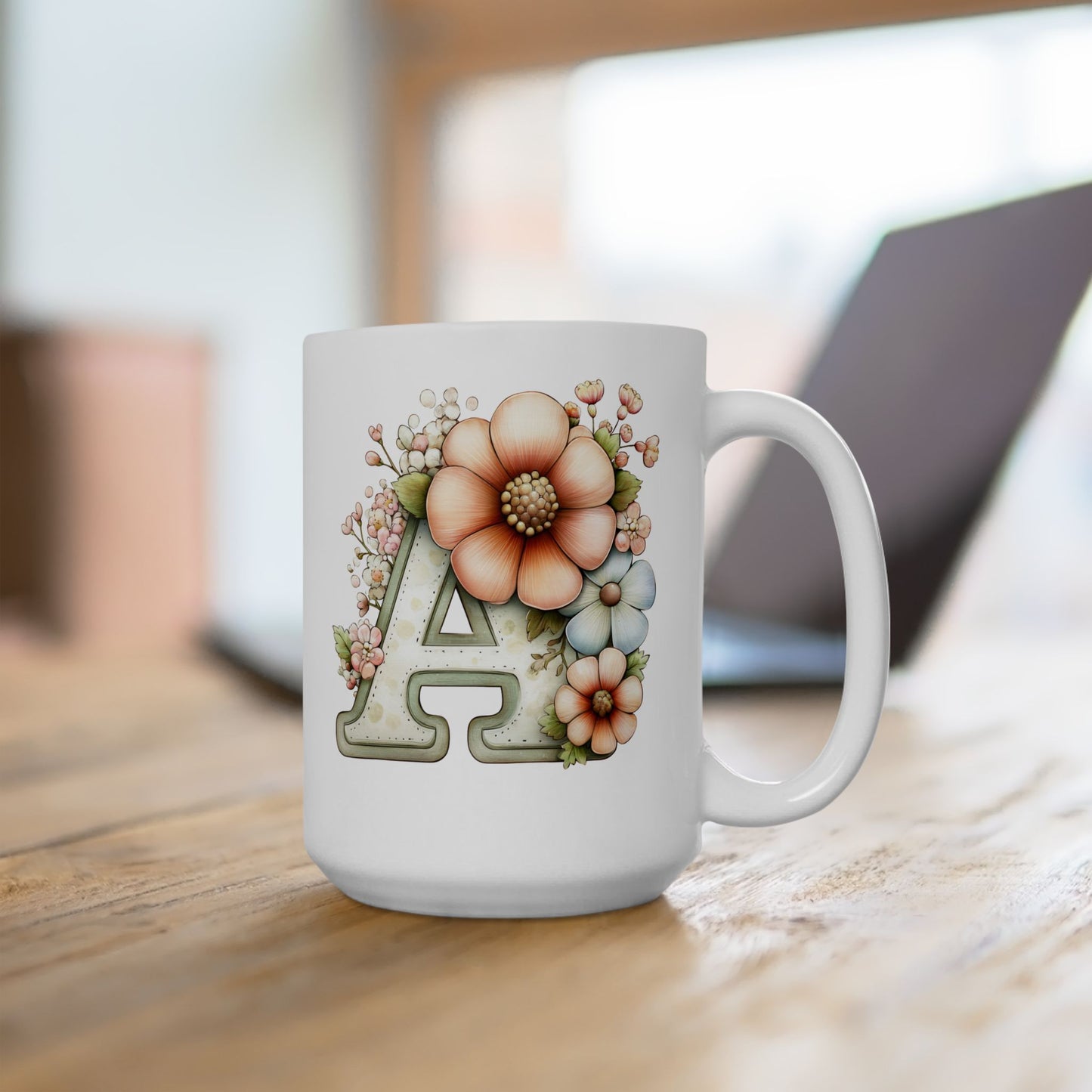 Floral Letter A Ceramic Mug — Pastel Succulent Monogram Coffee Cup (11oz, 15oz)