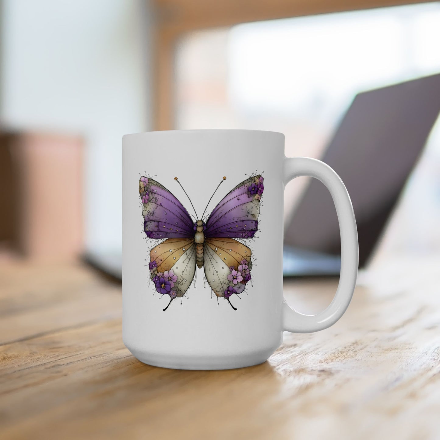 Butterfly Watercolor Ceramic Mug — Purple & Gold Nature Coffee Cup (11oz/15oz)