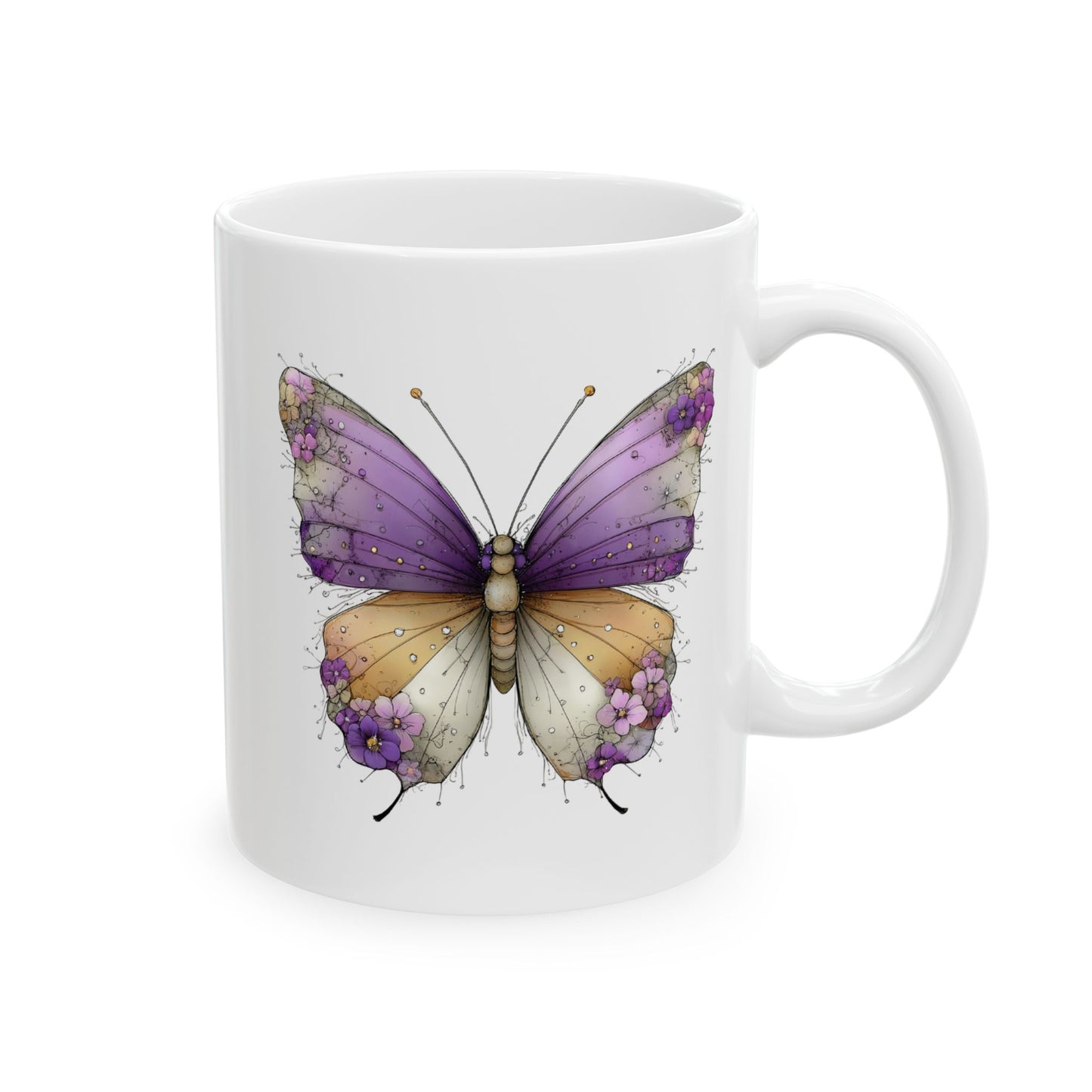 Butterfly Watercolor Ceramic Mug — Purple & Gold Nature Coffee Cup (11oz/15oz)