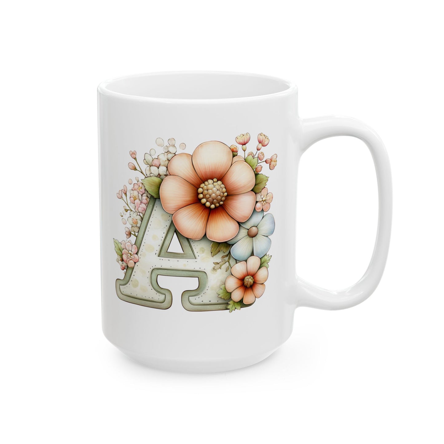 Floral Letter A Ceramic Mug — Pastel Succulent Monogram Coffee Cup (11oz, 15oz)