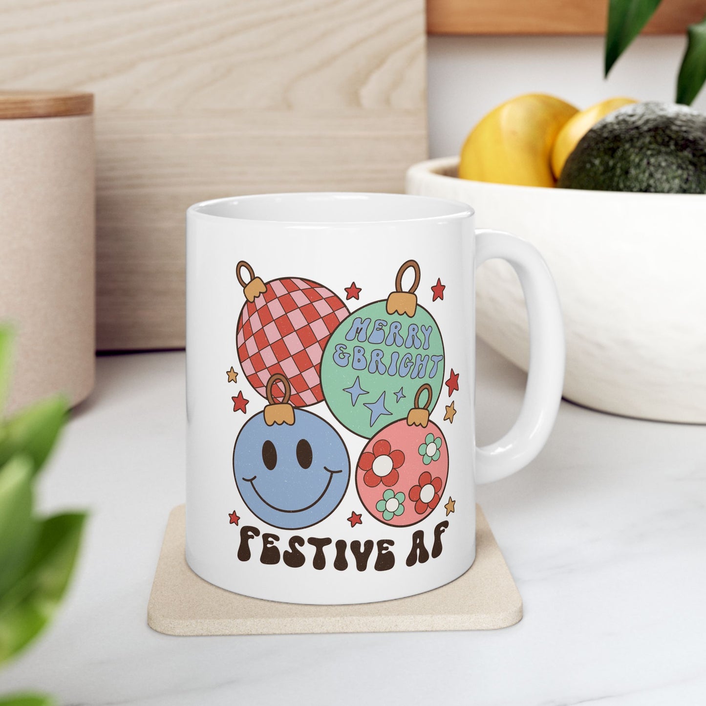 Christmas Ornament Smiley Ceramic Mug (11oz, 15oz) - Festive Holiday Coffee Cup