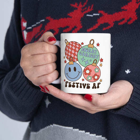 Christmas Ornament Smiley Ceramic Mug (11oz, 15oz) - Festive Holiday Coffee Cup
