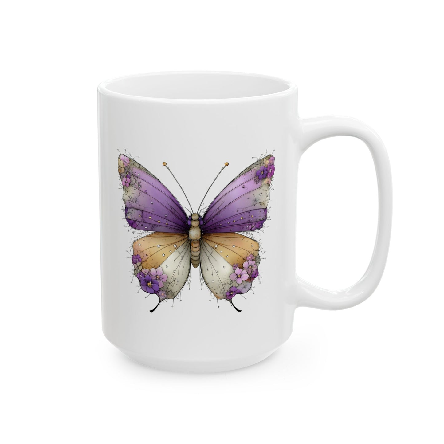 Butterfly Watercolor Ceramic Mug — Purple & Gold Nature Coffee Cup (11oz/15oz)