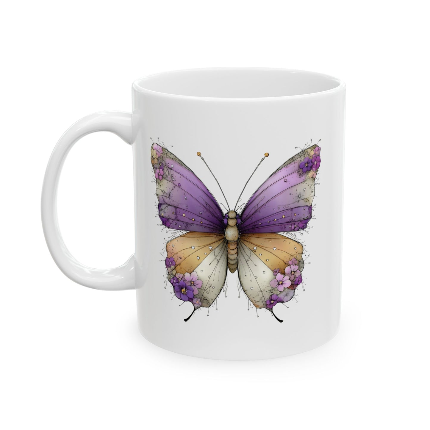 Butterfly Watercolor Ceramic Mug — Purple & Gold Nature Coffee Cup (11oz/15oz)