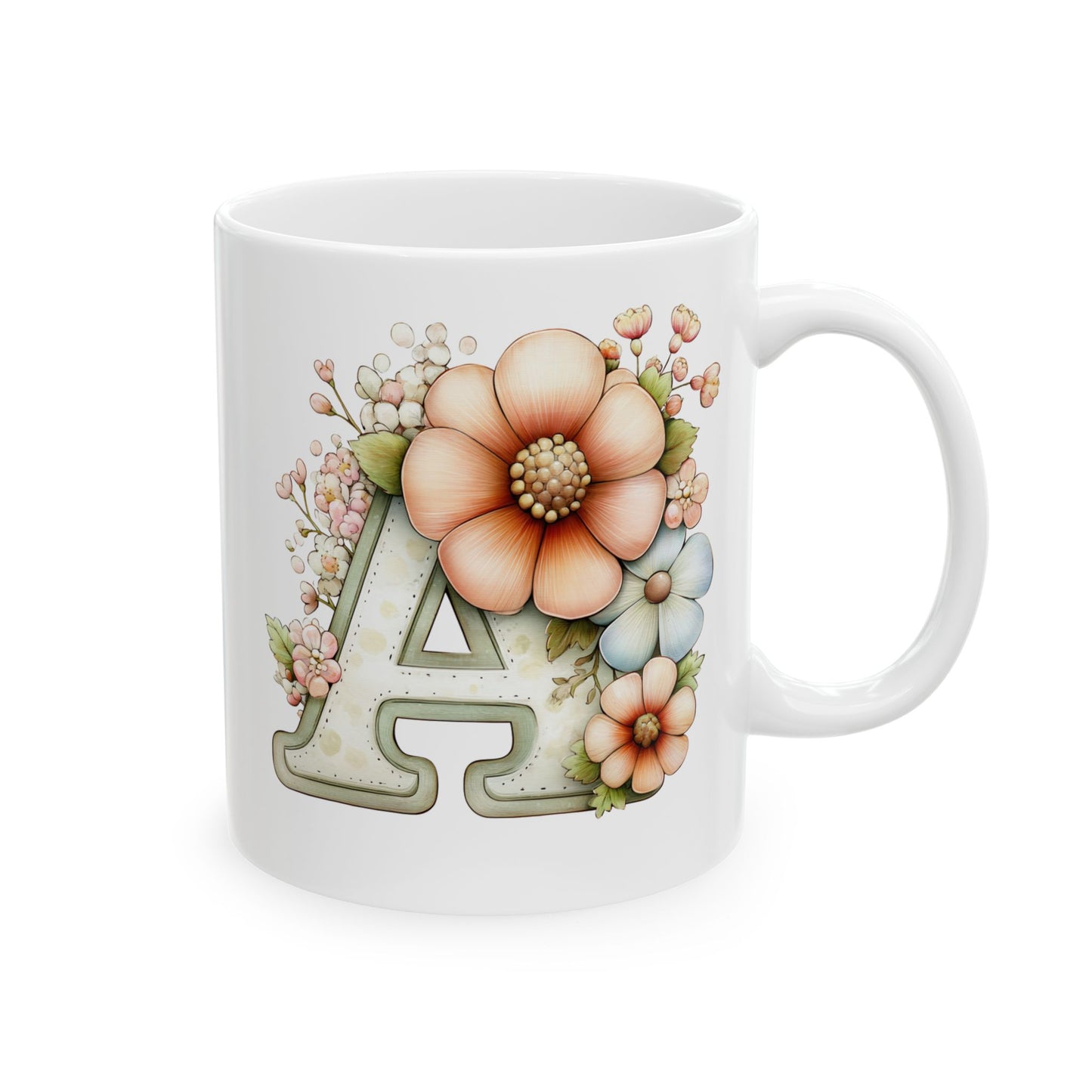 Floral Letter A Ceramic Mug — Pastel Succulent Monogram Coffee Cup (11oz, 15oz)
