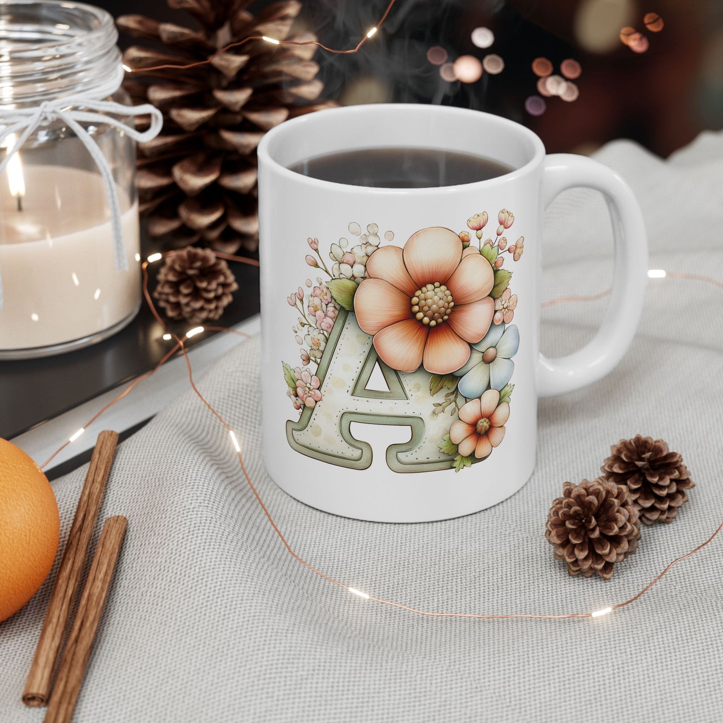 Floral Letter A Ceramic Mug — Pastel Succulent Monogram Coffee Cup (11oz, 15oz)