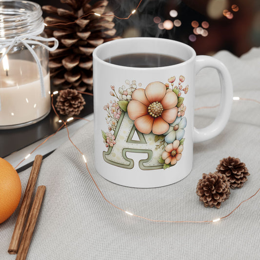 Floral Letter A Ceramic Mug — Pastel Succulent Monogram Coffee Cup (11oz, 15oz)