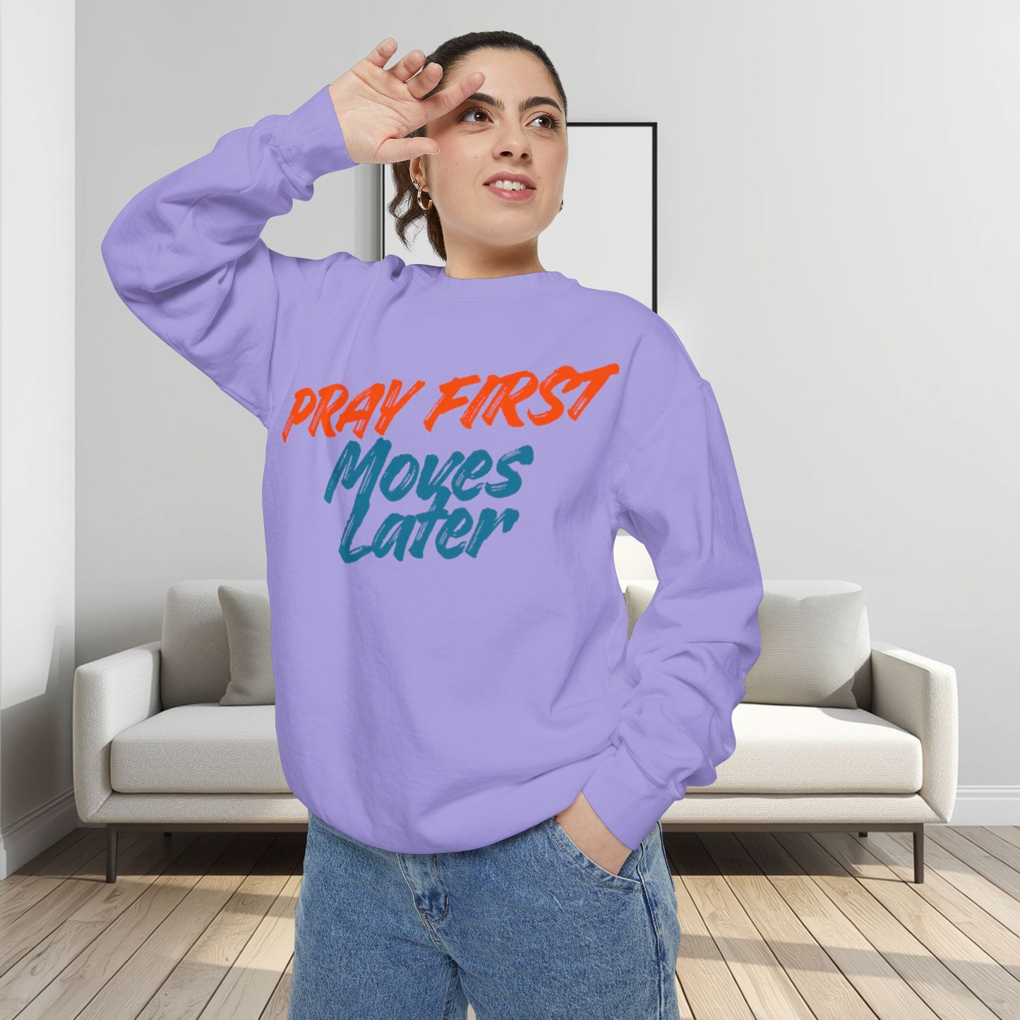 Prayer Sweatshirt — "Pray First, Moves Later" Inspirational Crewneck