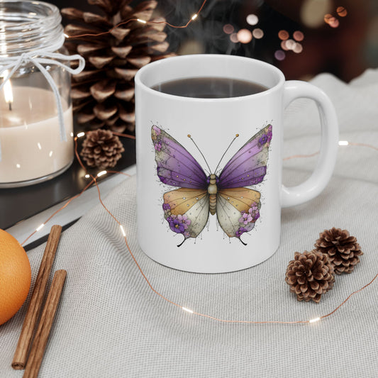 Butterfly Watercolor Ceramic Mug — Purple & Gold Nature Coffee Cup (11oz/15oz)