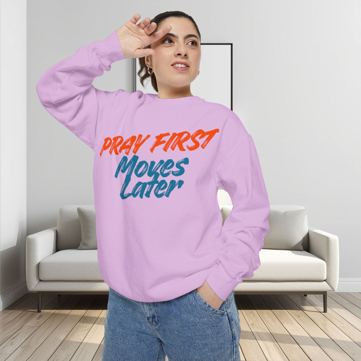 Prayer Sweatshirt — "Pray First, Moves Later" Inspirational Crewneck
