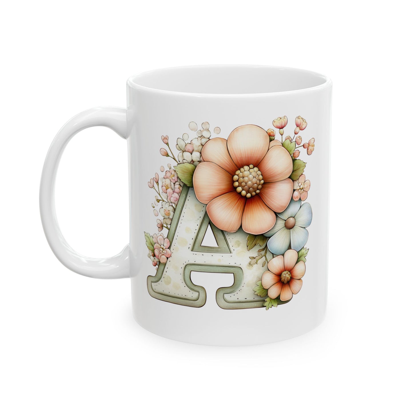 Floral Letter A Ceramic Mug — Pastel Succulent Monogram Coffee Cup (11oz, 15oz)