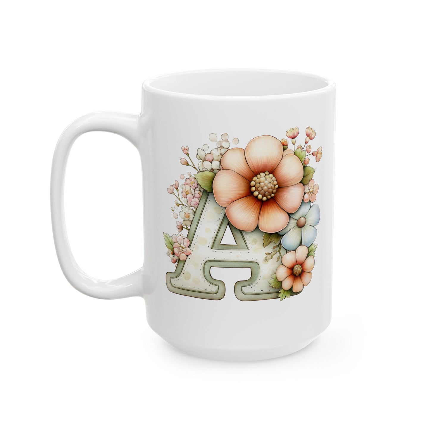 Floral Letter A Ceramic Mug — Pastel Succulent Monogram Coffee Cup (11oz, 15oz)