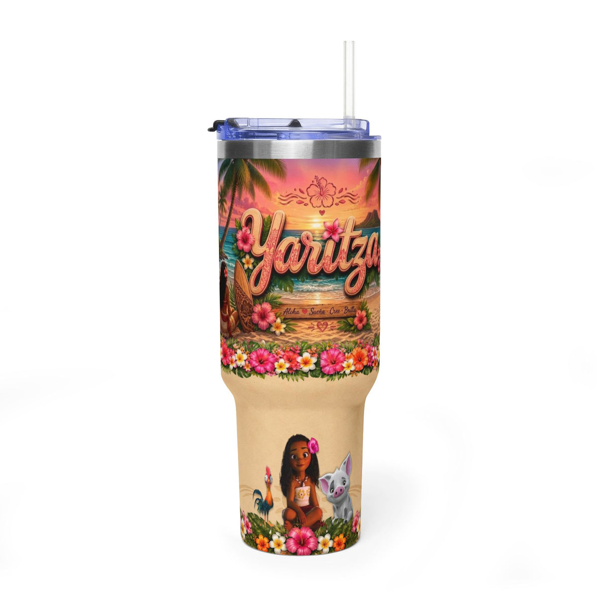 40oz Tropical Beach Tumbler — Personalized "Yaritza" Vacuum Insulated Cup