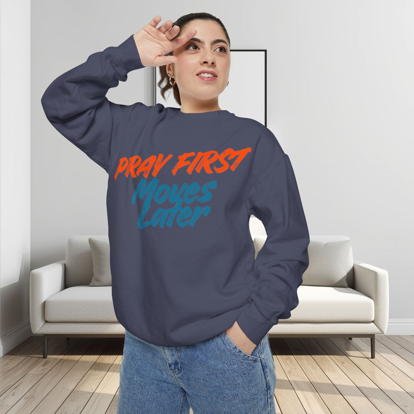 Prayer Sweatshirt — "Pray First, Moves Later" Inspirational Crewneck