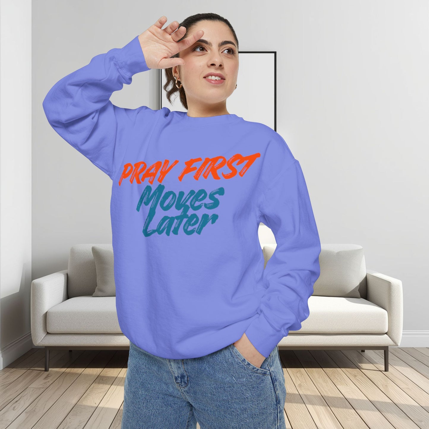Prayer Sweatshirt — "Pray First, Moves Later" Inspirational Crewneck